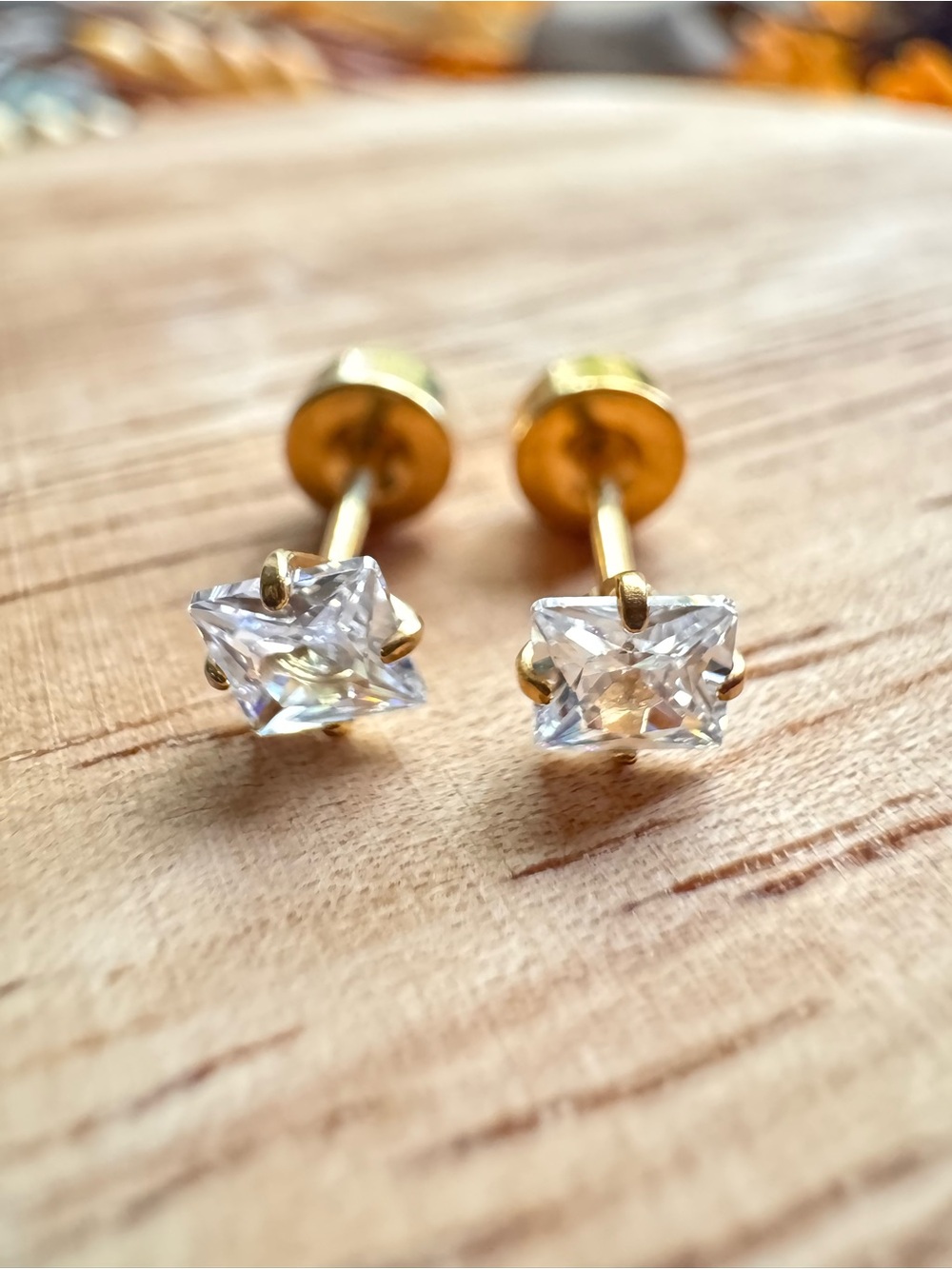 Gold CZ Square Stud Earrings - Clear Crystal